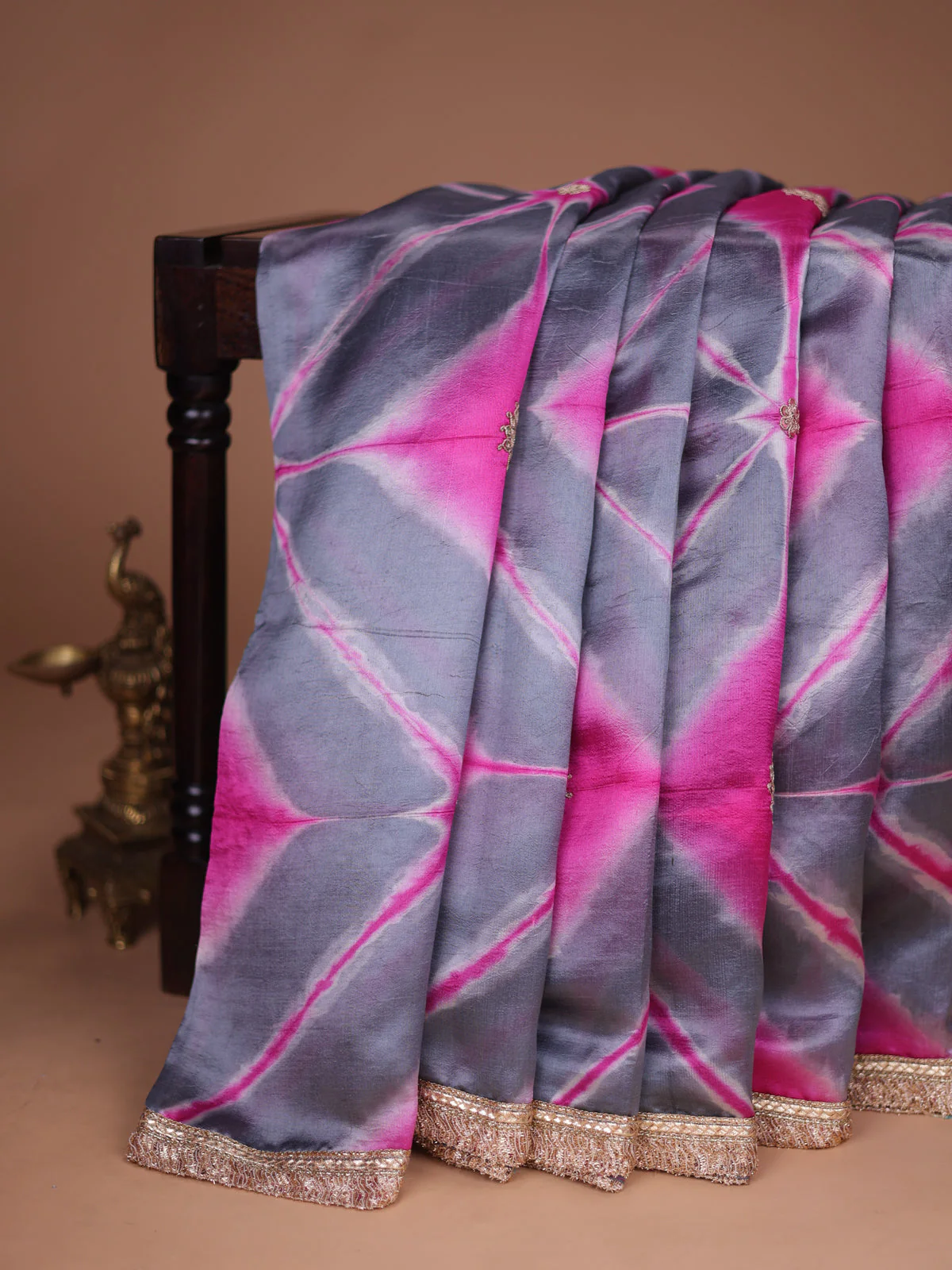 Grey-Pink Tussar Silk Saree With Embroidered Readymade Blouse - Image 2
