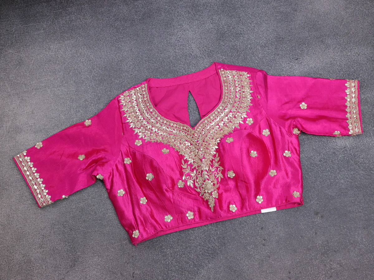 Grey-Pink Tussar Silk Saree With Embroidered Readymade Blouse - Image 4