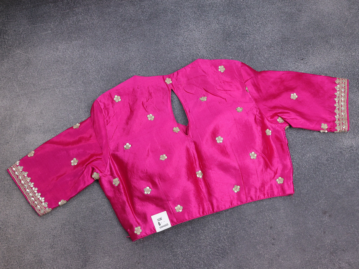 Grey-Pink Tussar Silk Saree With Embroidered Readymade Blouse - Image 5
