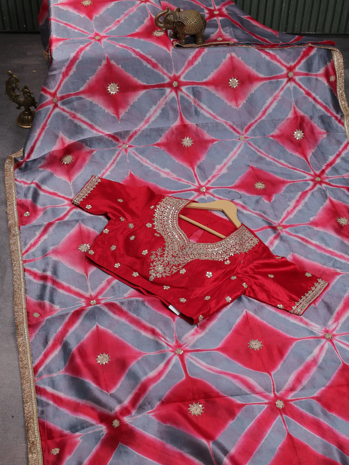 Grey-Red Tussar Silk Saree With Embroidered Readymade Blouse