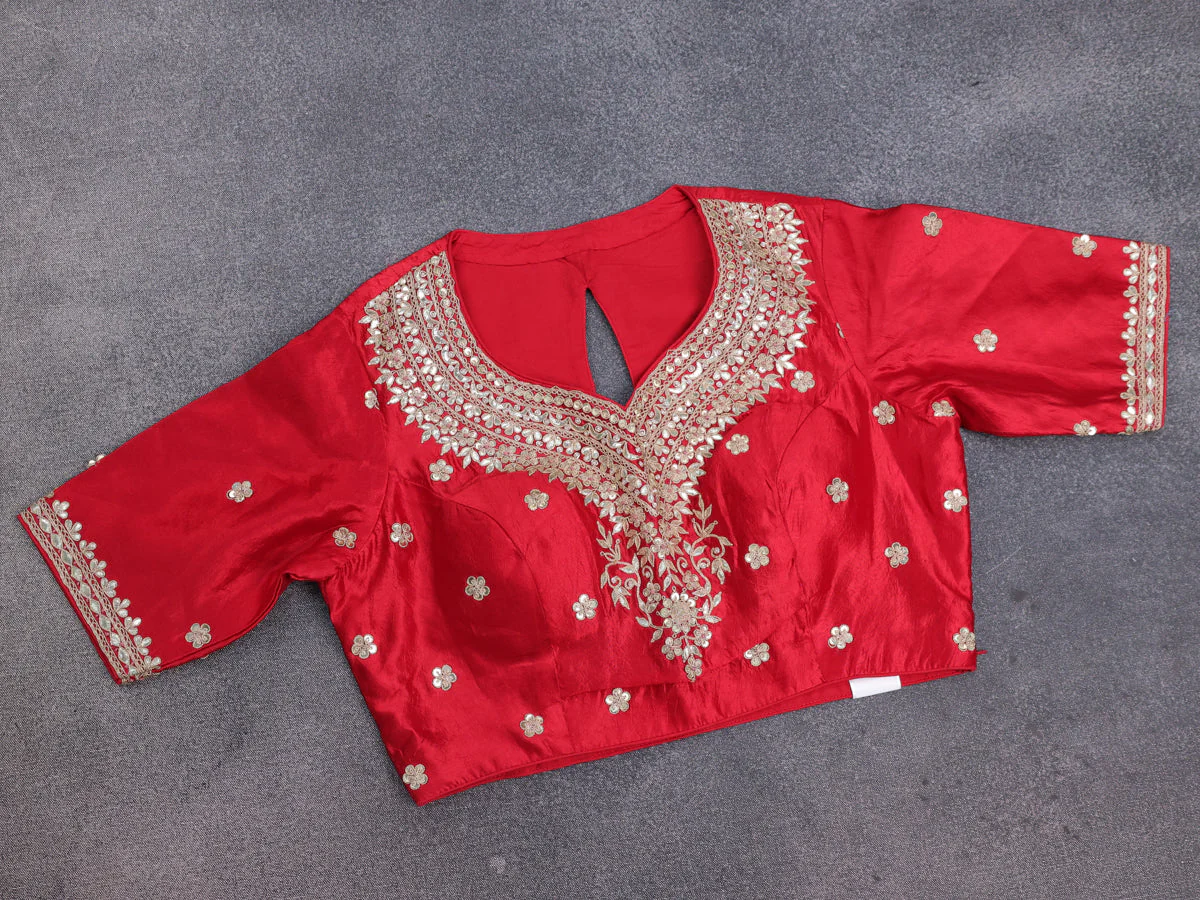 Grey-Red Tussar Silk Saree With Embroidered Readymade Blouse - Image 4