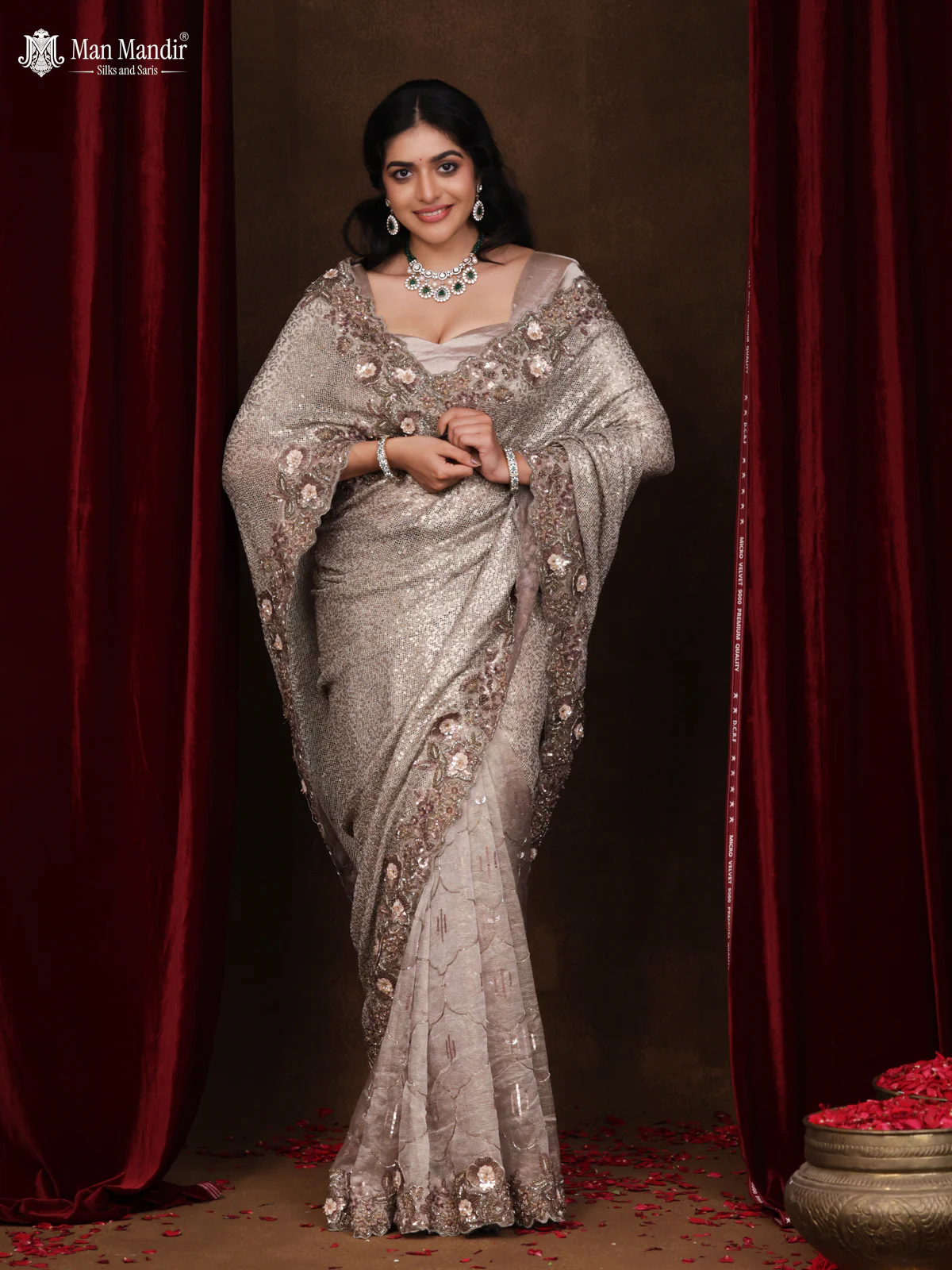 Grey Sequin Embroidered Netted Organza Designer Saree - Image 3