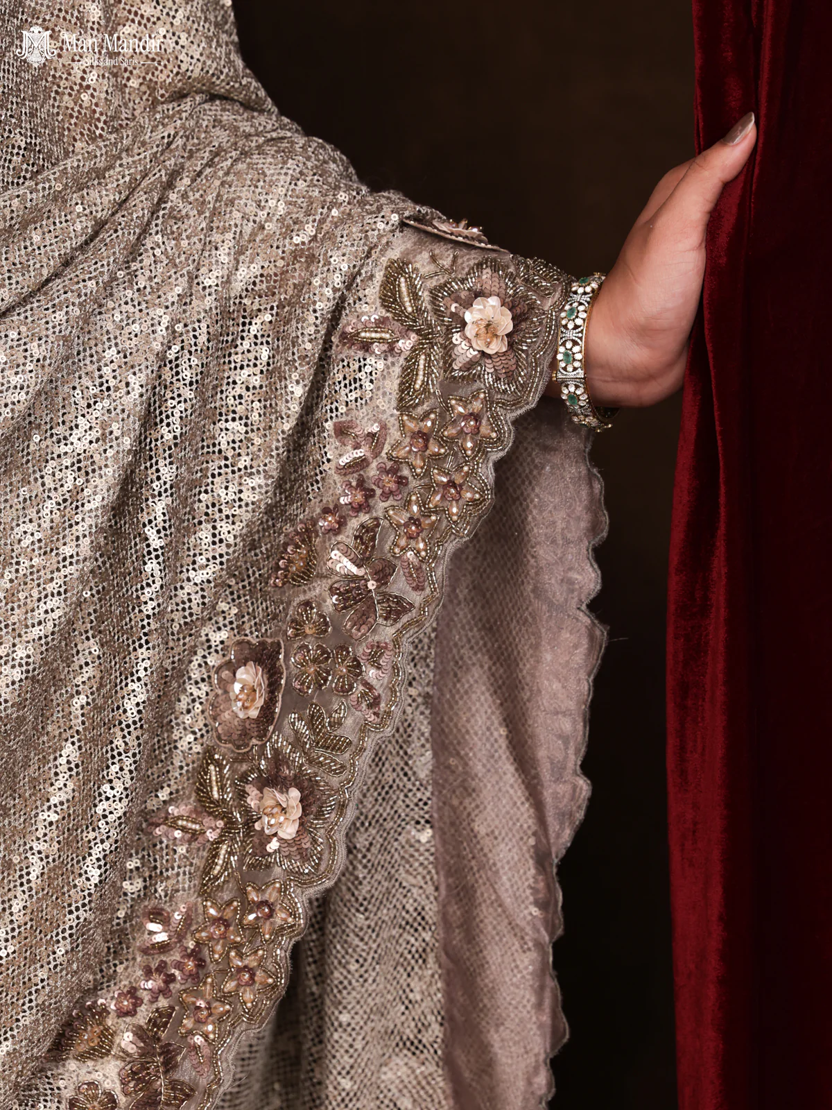 Grey Sequin Embroidered Netted Organza Designer Saree - Image 4