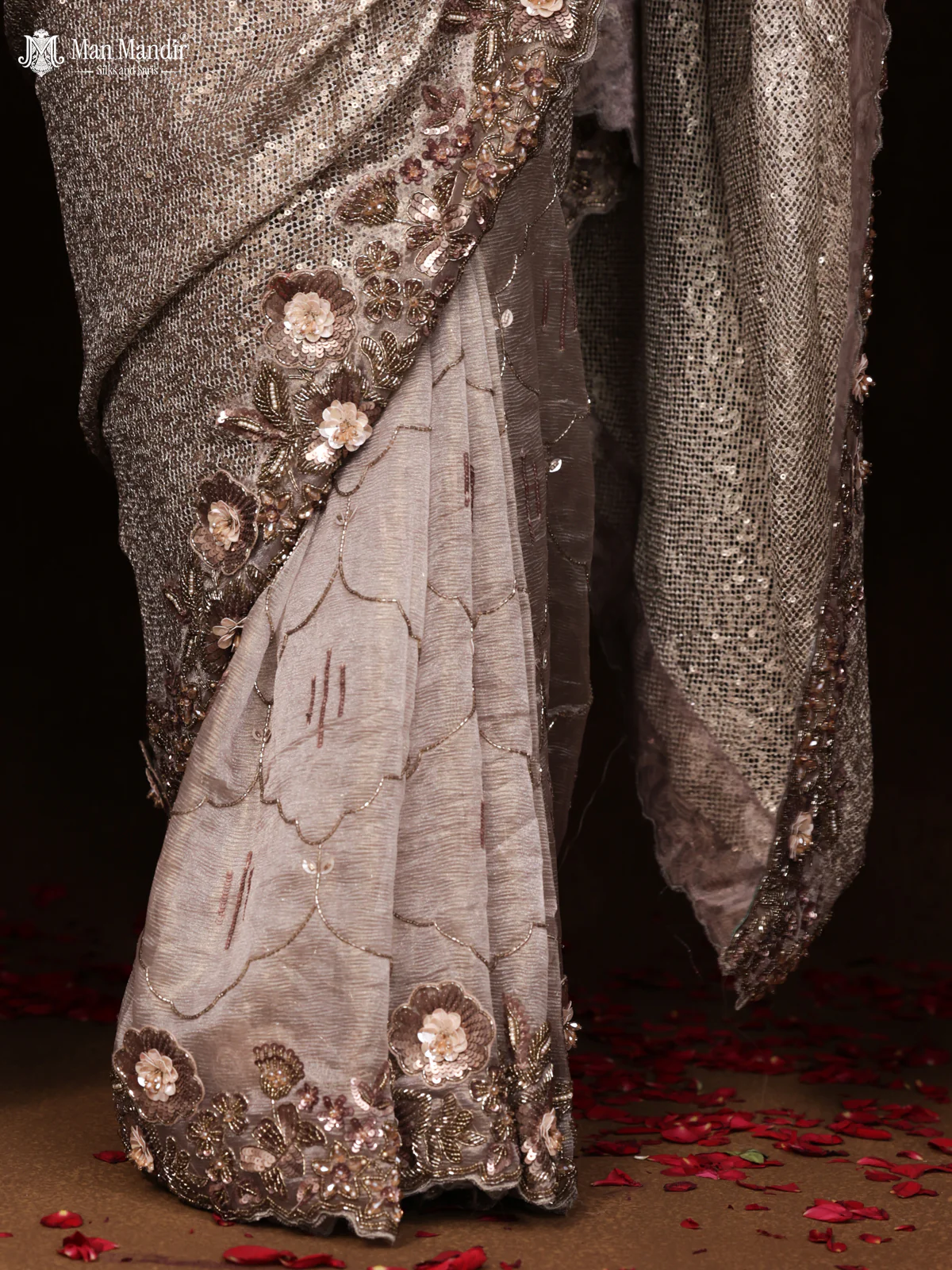Grey Sequin Embroidered Netted Organza Designer Saree - Image 5