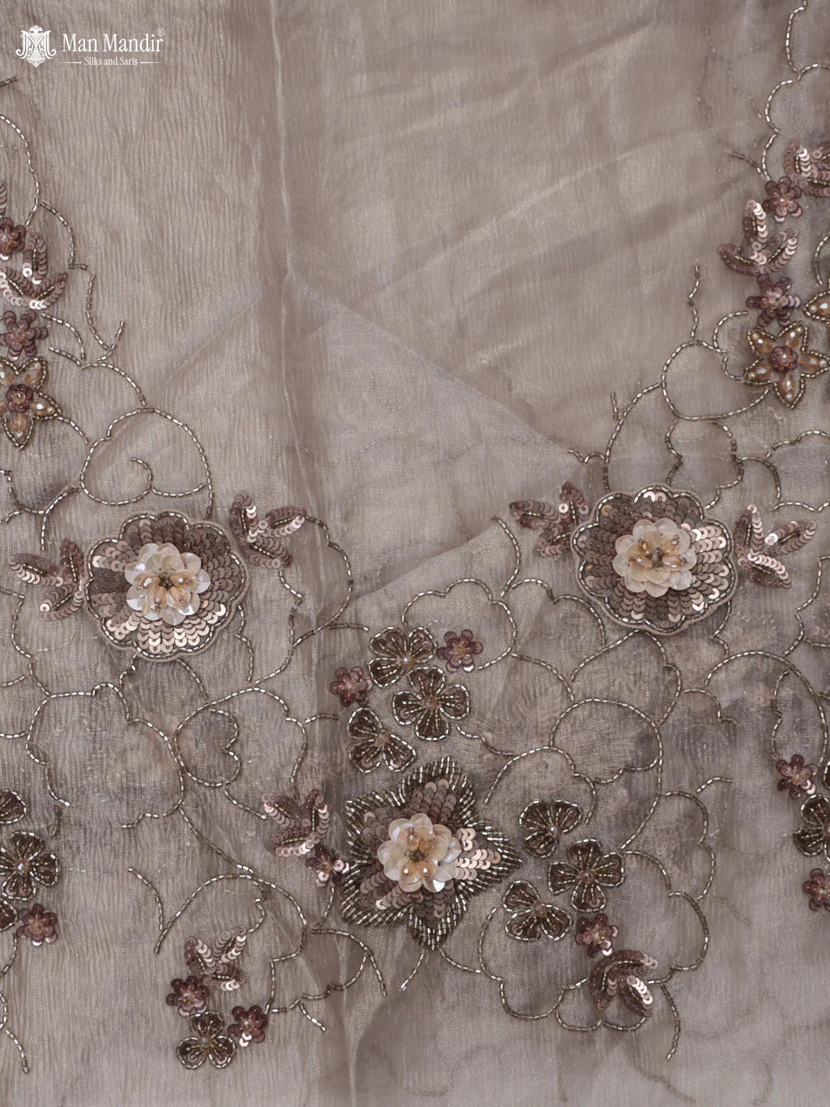 Grey Sequin Embroidered Netted Organza Designer Saree - Image 6
