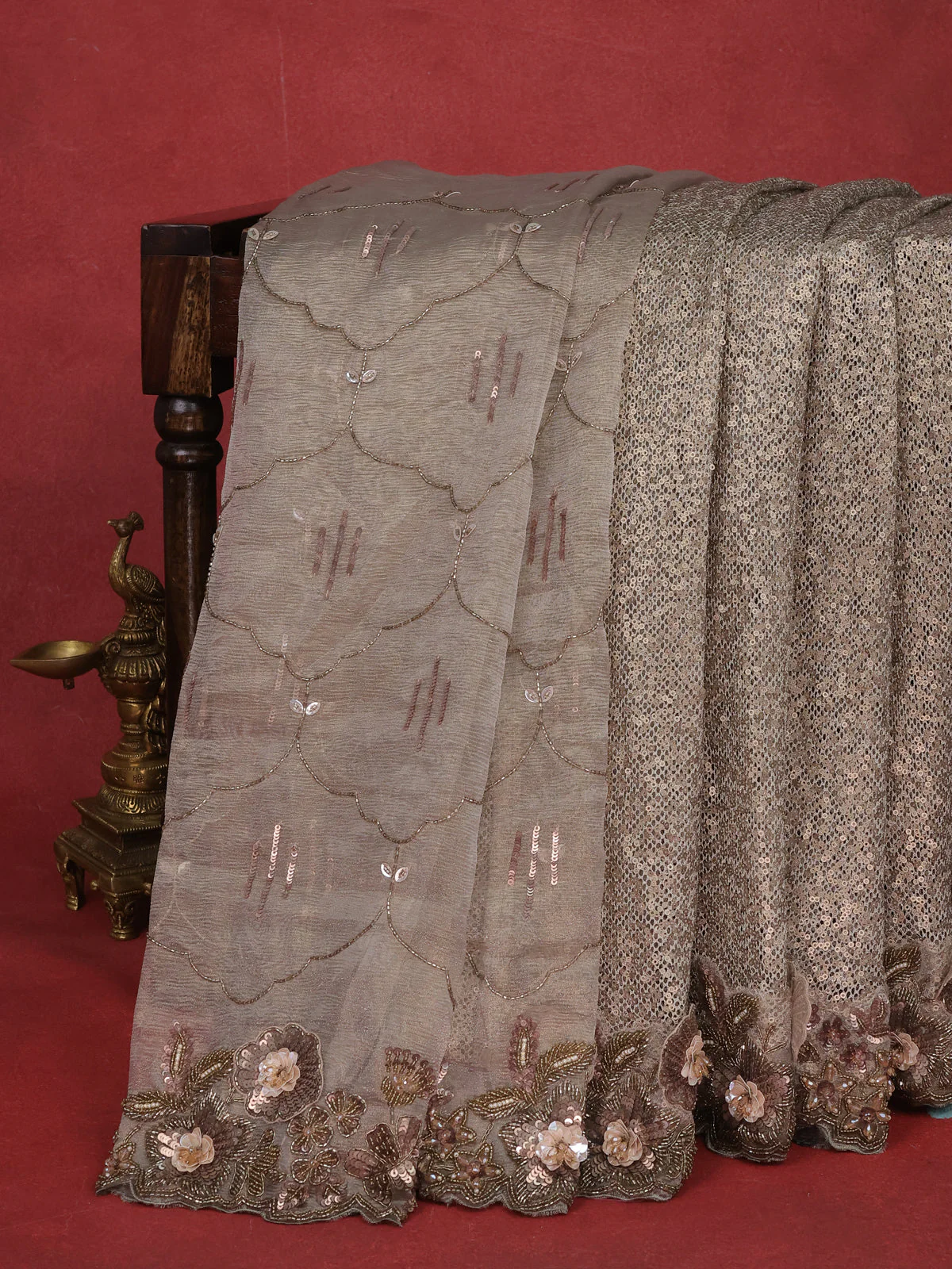 Grey Sequin Embroidered Netted Organza Designer Saree - Image 7