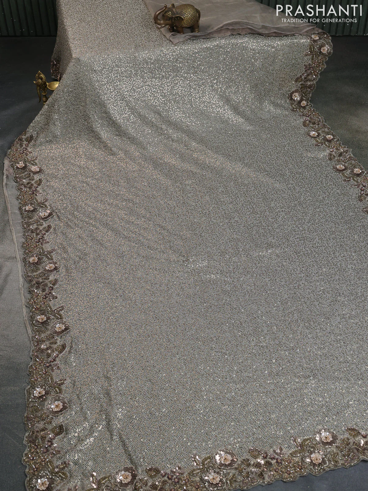 Grey Sequin Embroidered Netted Organza Designer Saree - Image 8