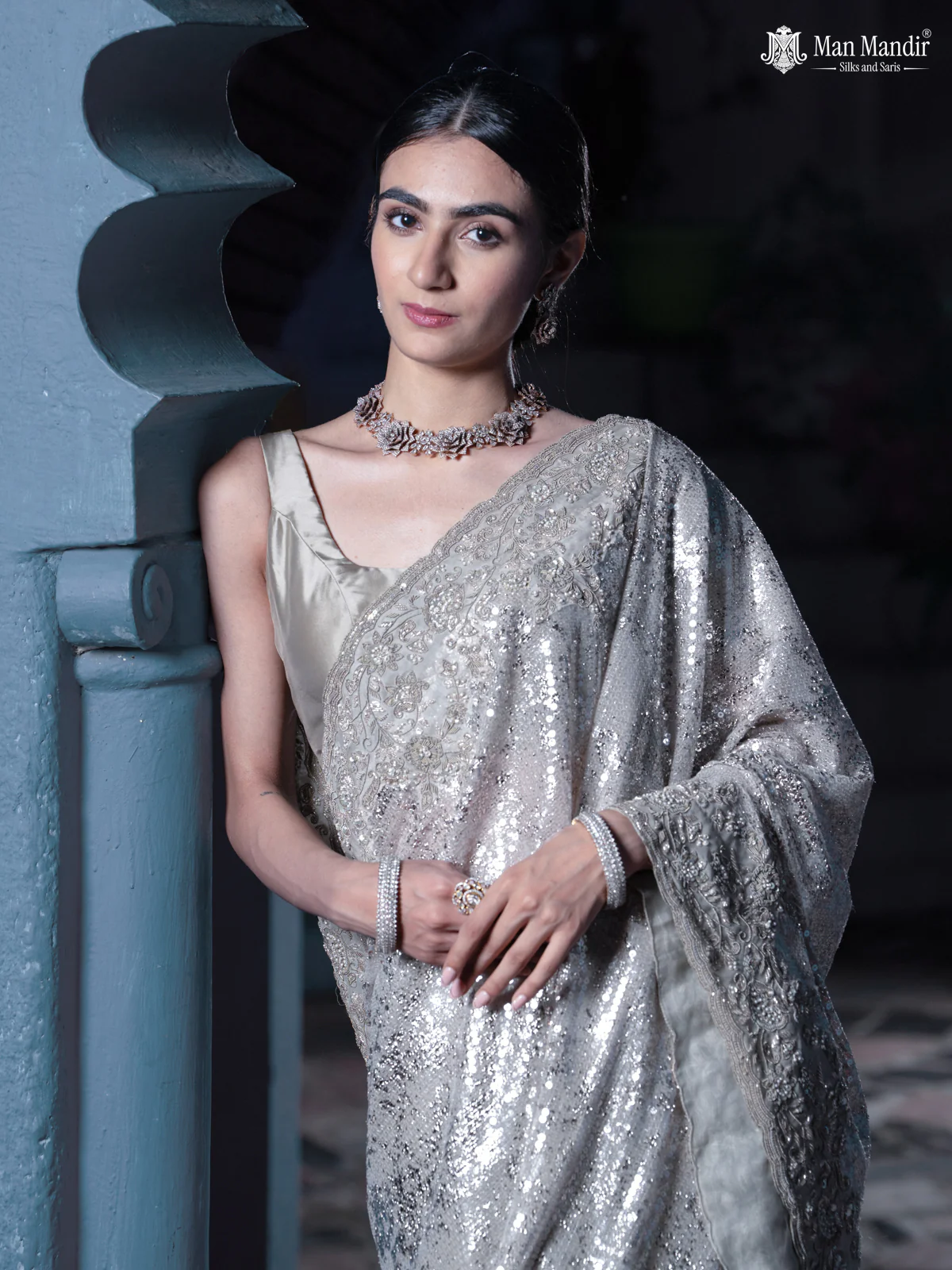 Grey Sequin Embroidered Netted Organza Designer Saree - Image 3
