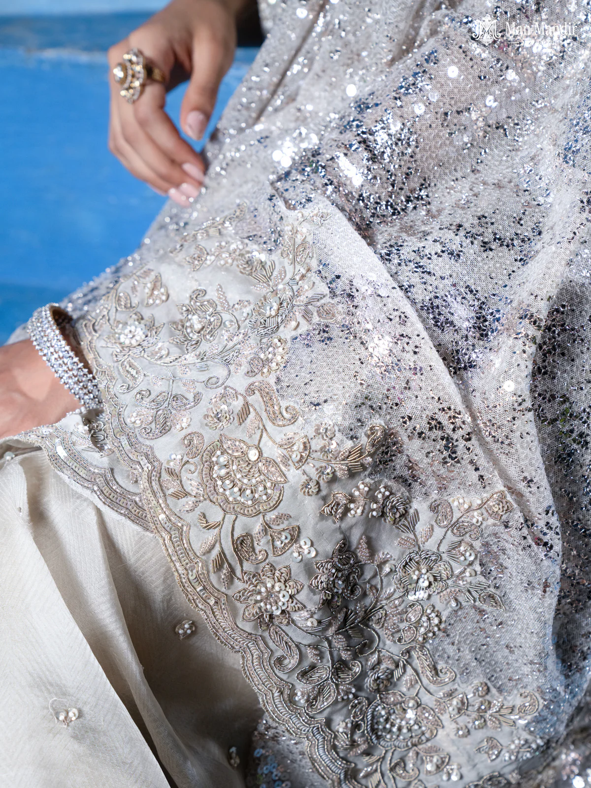 Grey Sequin Embroidered Netted Organza Designer Saree - Image 5