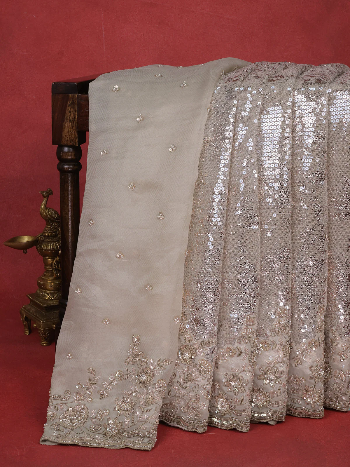 Grey Sequin Embroidered Netted Organza Designer Saree - Image 6