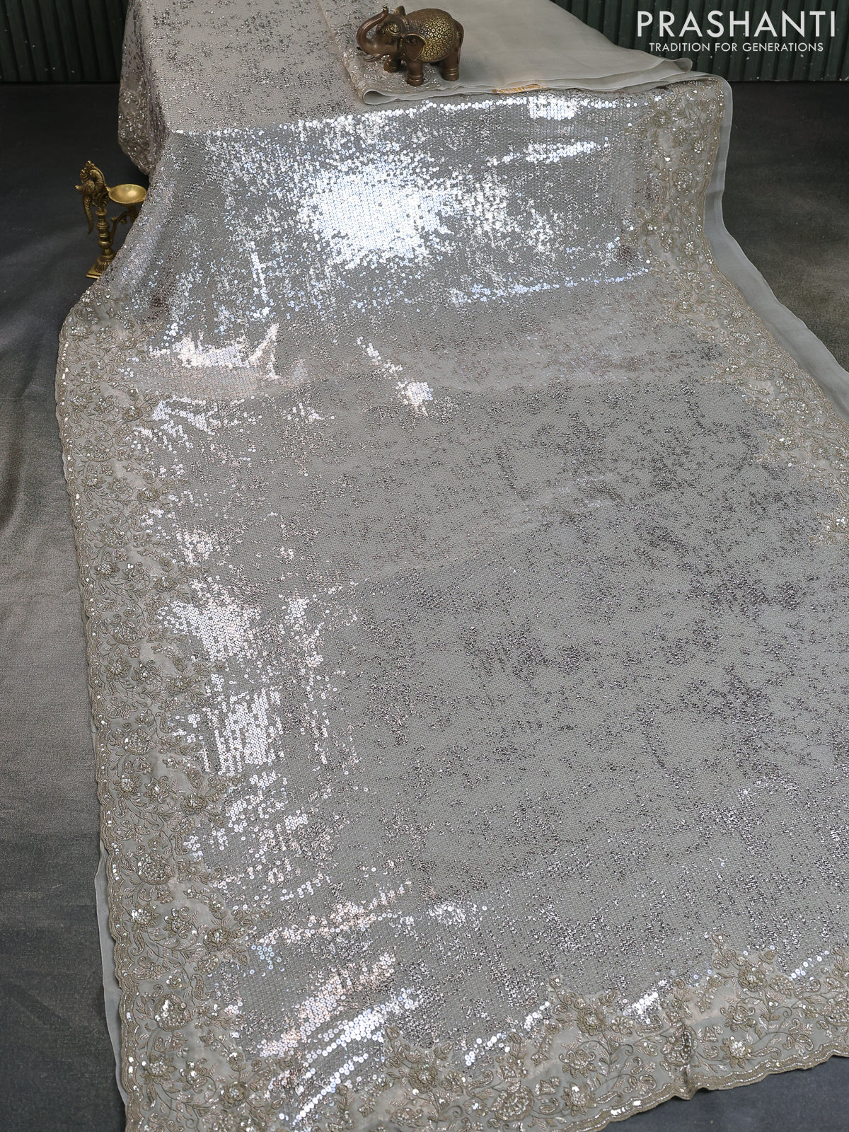 Grey Sequin Embroidered Netted Organza Designer Saree - Image 7