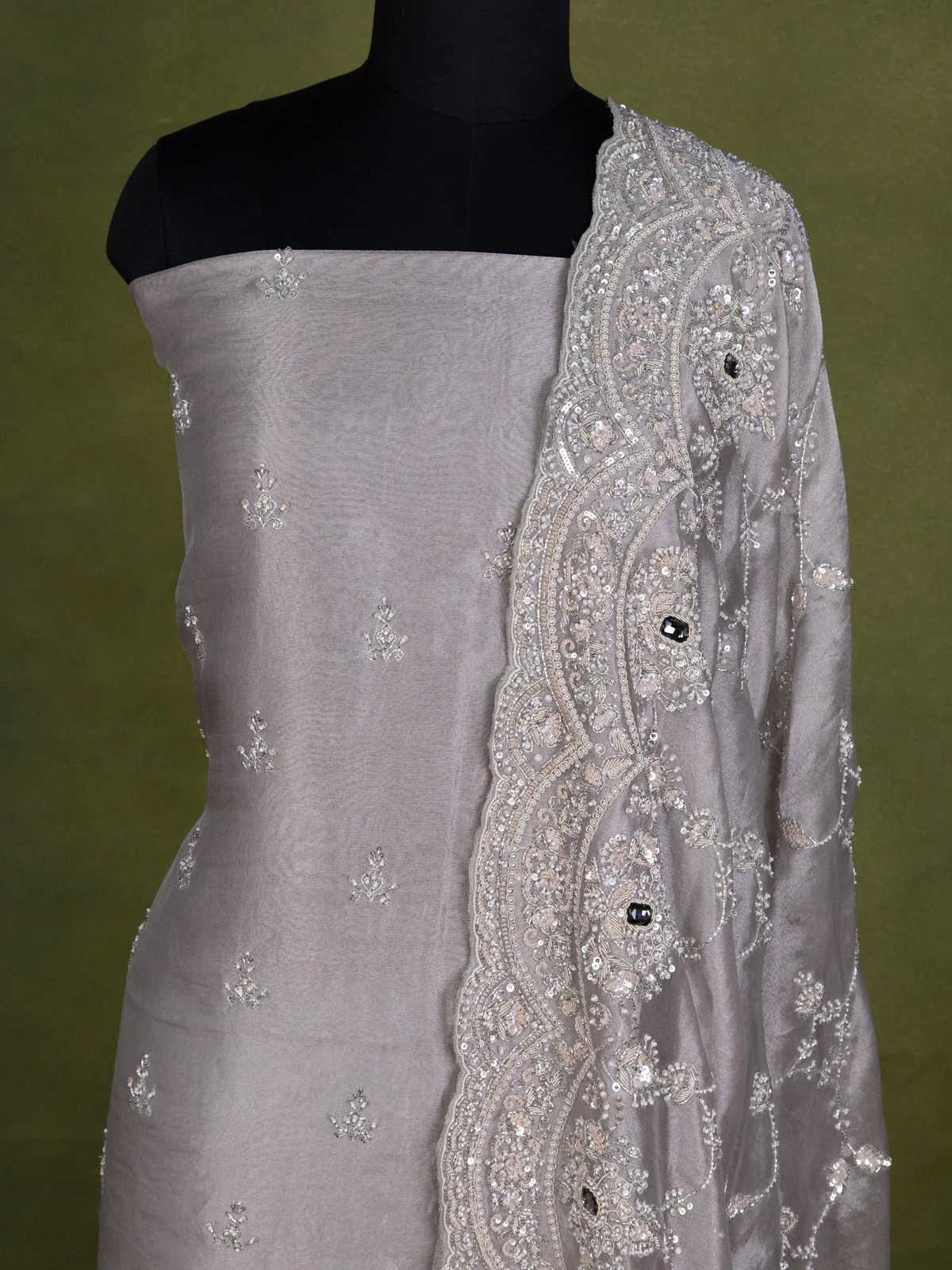 Grey Tissue Silk Unstitched Suit - Image 3