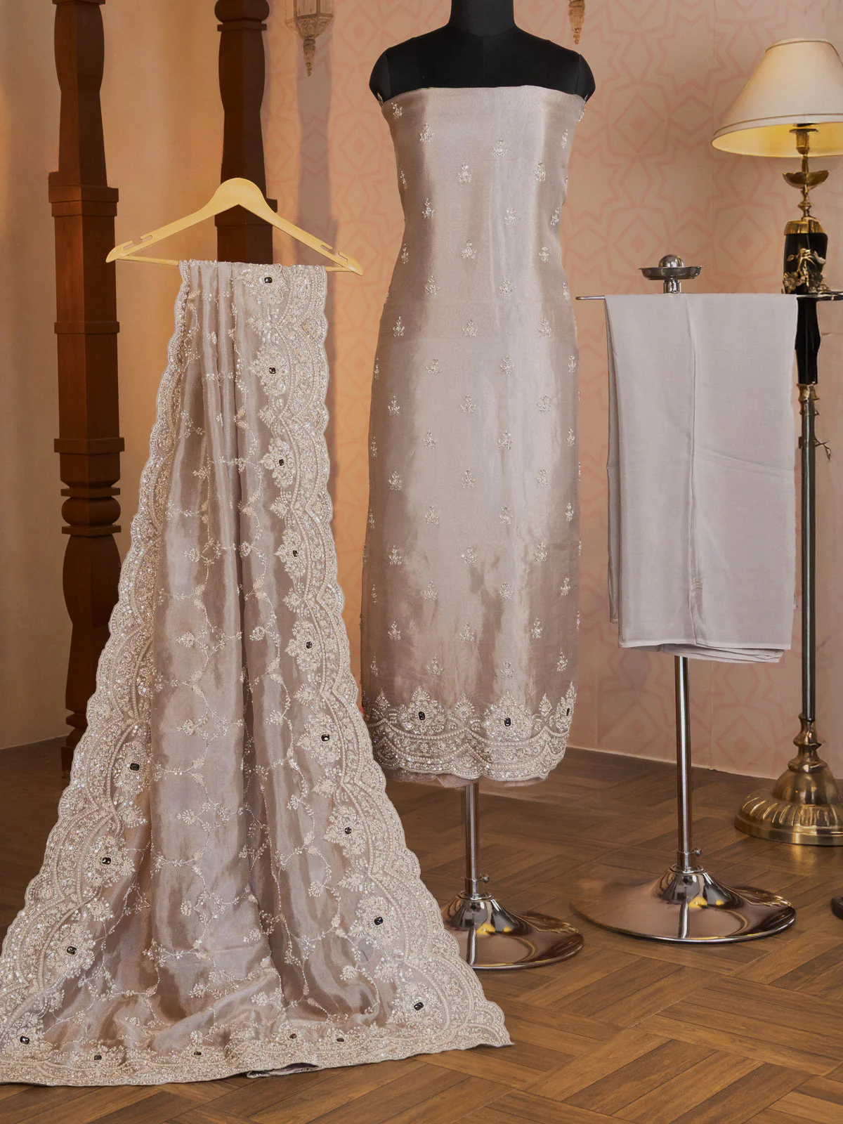 Grey Tissue Silk Unstitched Suit - Image 5