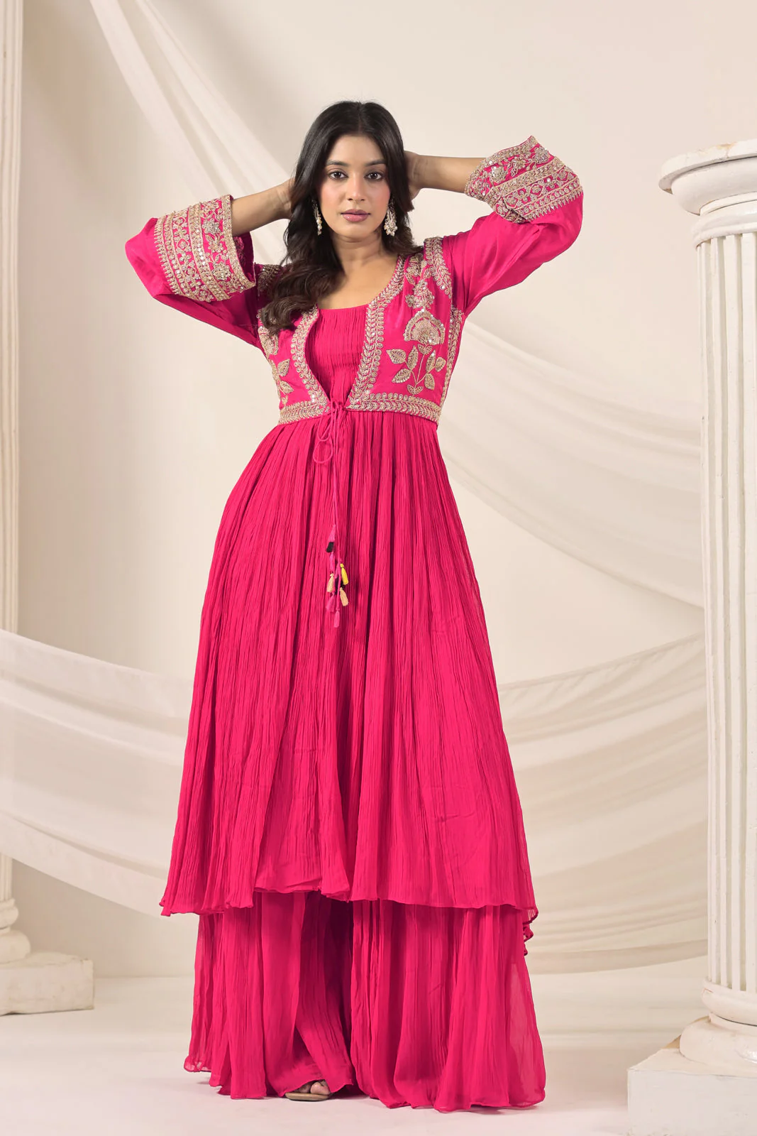 Hot Pink Crush Georgette Anarkali Top With Embroidery Jacket & Sharara Pant - Image 10