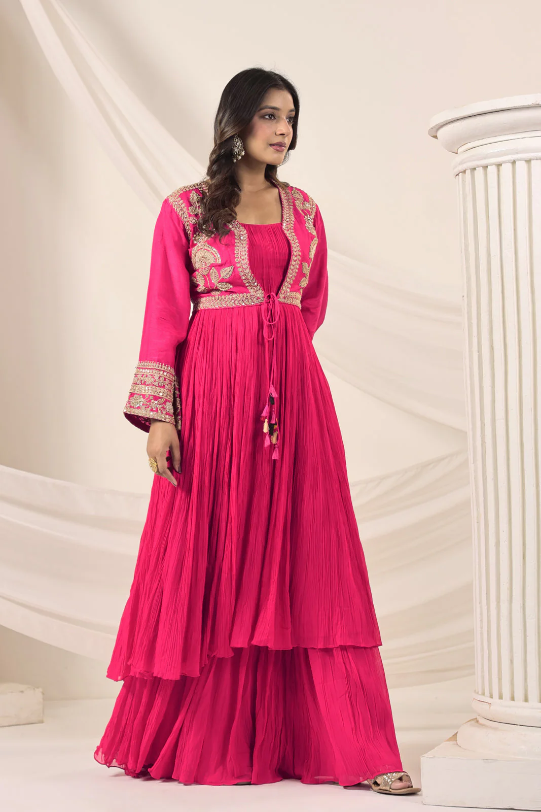 Hot Pink Crush Georgette Anarkali Top With Embroidery Jacket & Sharara Pant - Image 11