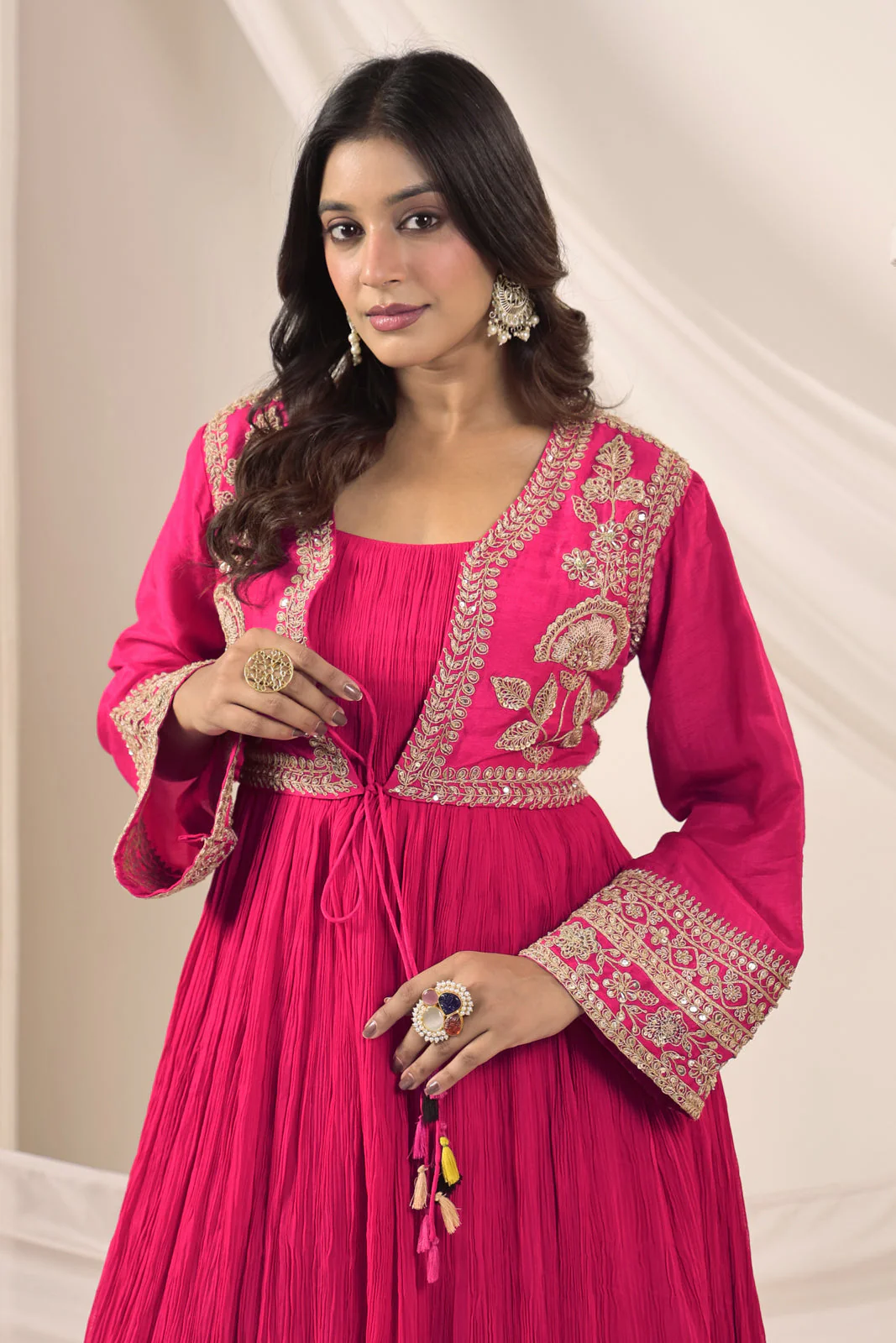 Hot Pink Crush Georgette Anarkali Top With Embroidery Jacket & Sharara Pant - Image 12