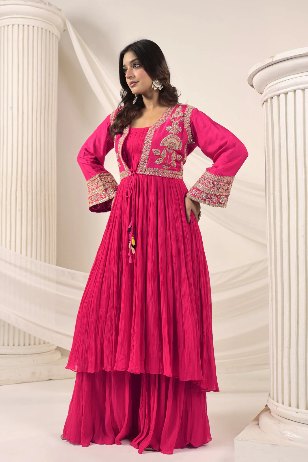 Hot Pink Crush Georgette Anarkali Top With Embroidery Jacket & Sharara Pant - Image 13