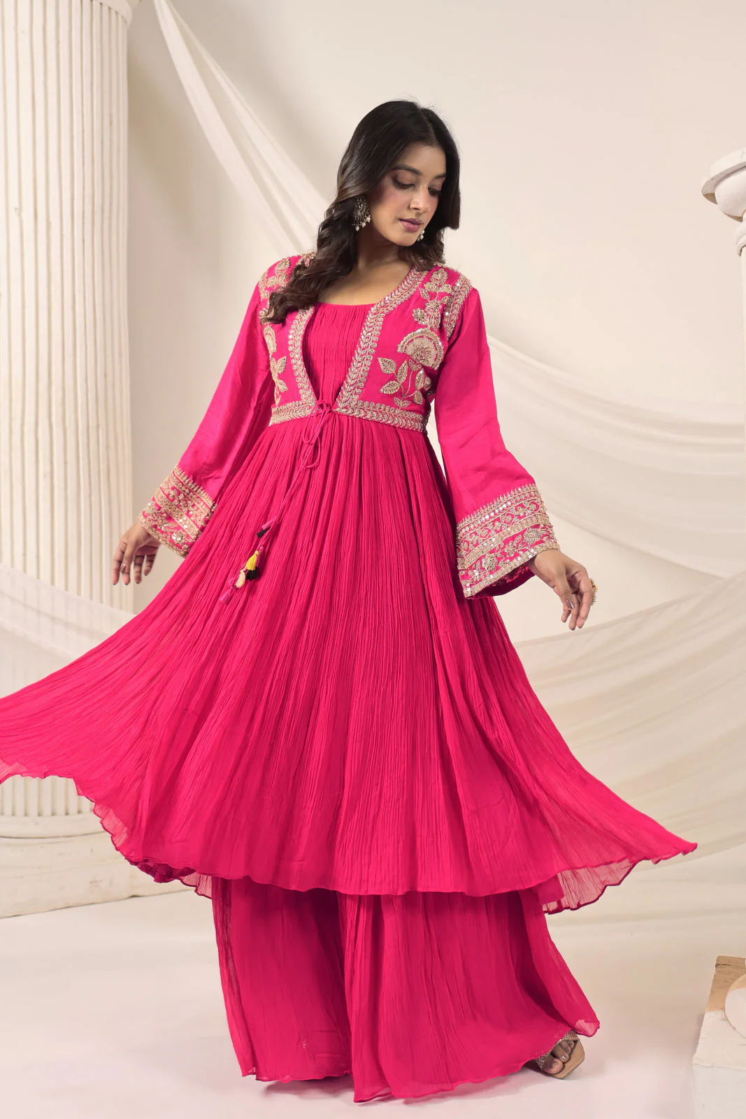 Hot Pink Crush Georgette Anarkali Top With Embroidery Jacket & Sharara Pant - Image 14