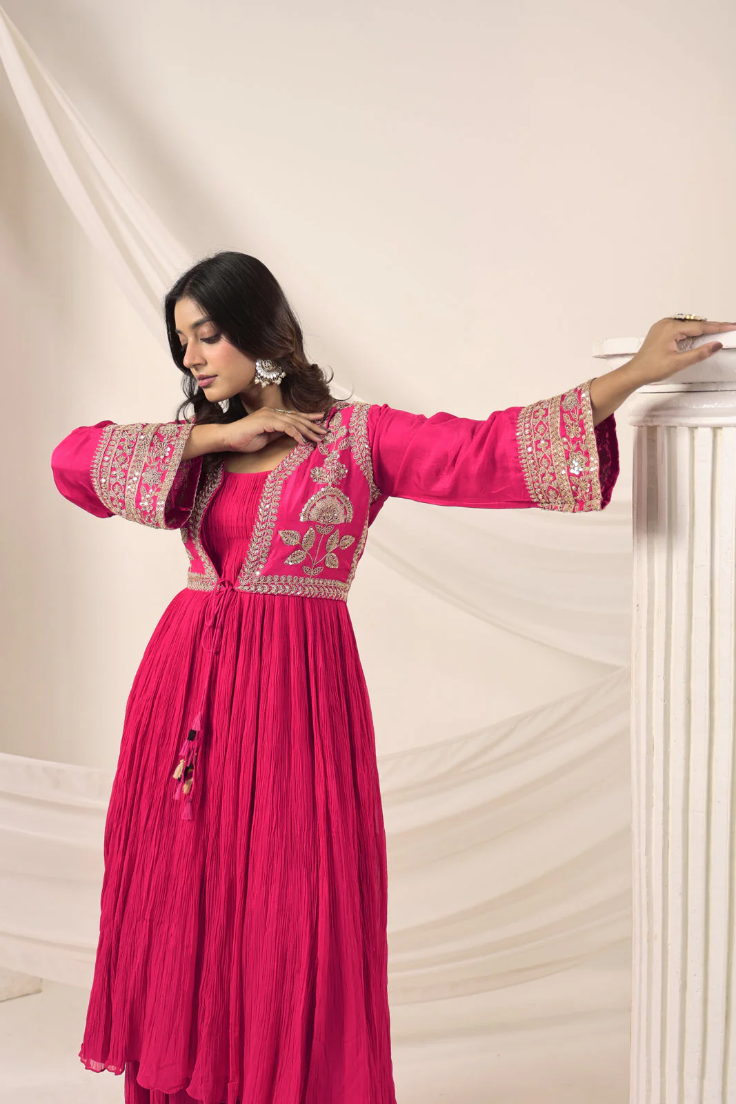 Hot Pink Crush Georgette Anarkali Top With Embroidery Jacket & Sharara Pant - Image 15