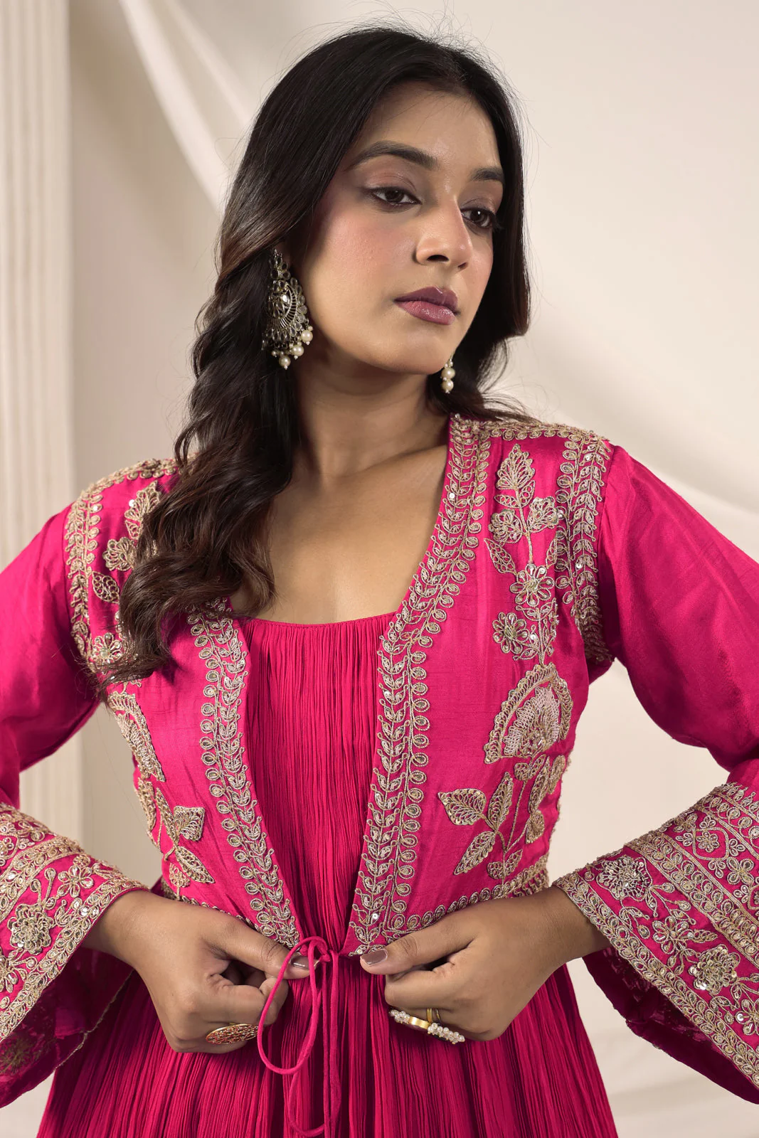 Hot Pink Crush Georgette Anarkali Top With Embroidery Jacket & Sharara Pant - Image 16