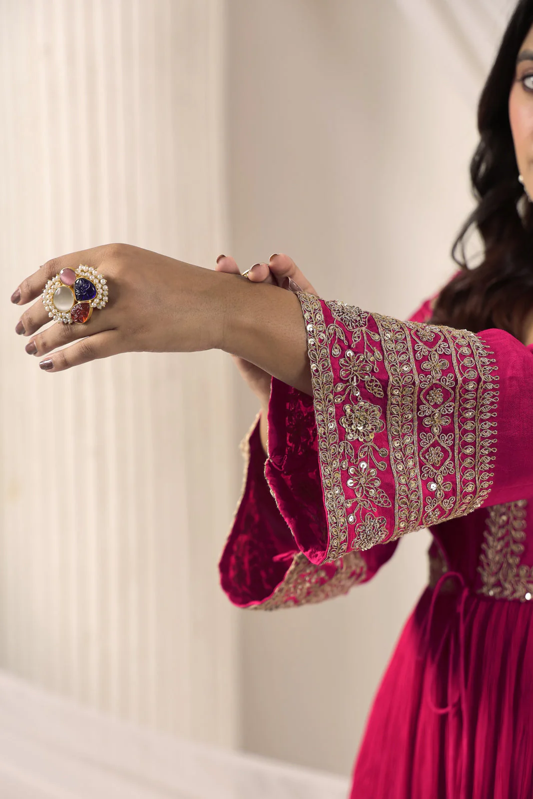 Hot Pink Crush Georgette Anarkali Top With Embroidery Jacket & Sharara Pant - Image 17