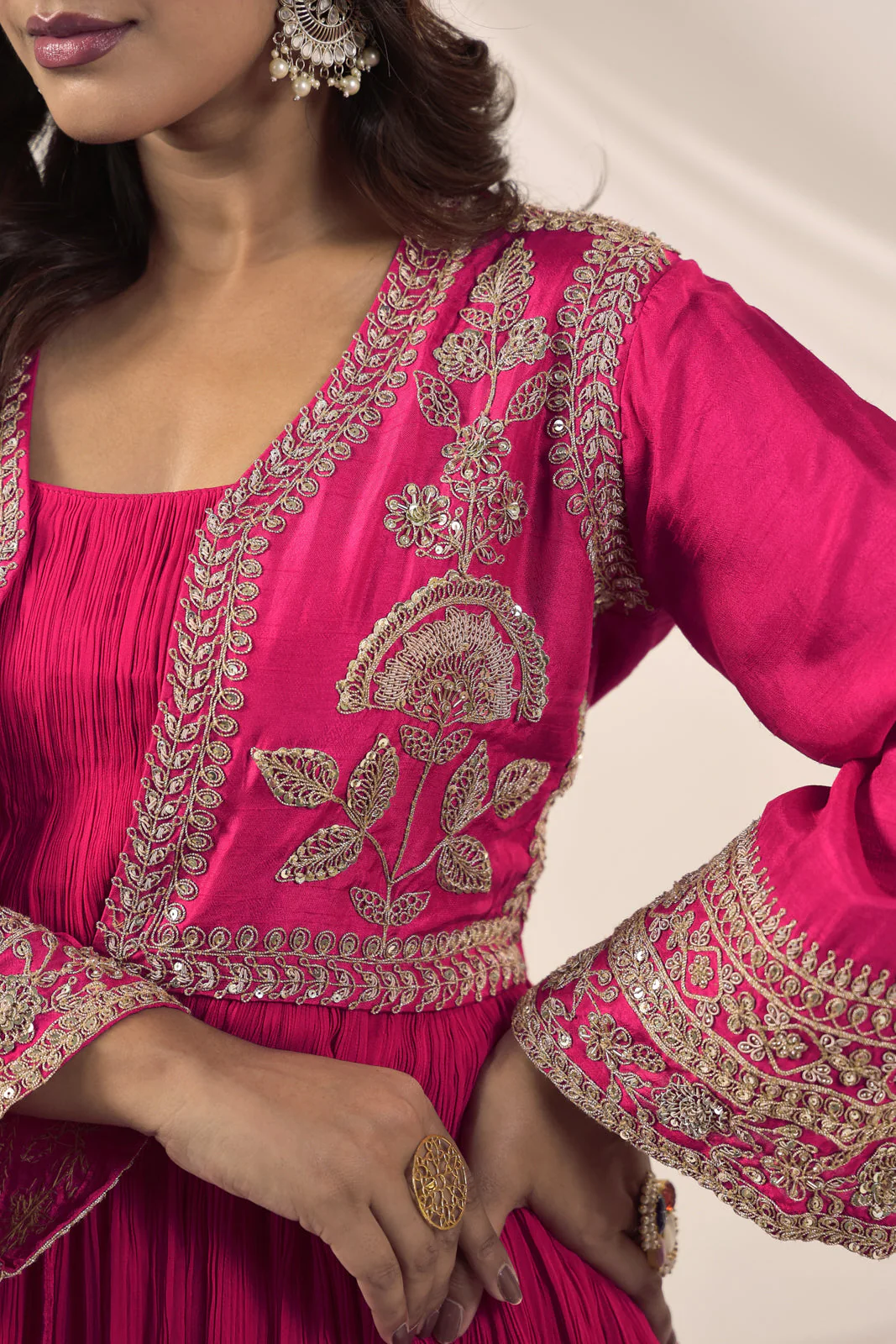 Hot Pink Crush Georgette Anarkali Top With Embroidery Jacket & Sharara Pant - Image 18
