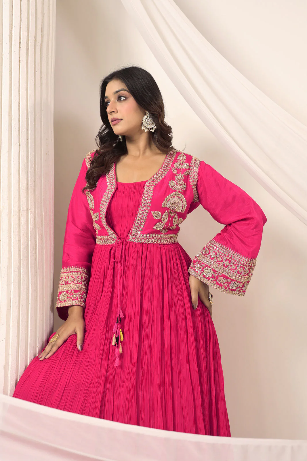 Hot Pink Crush Georgette Anarkali Top With Embroidery Jacket & Sharara Pant - Image 19