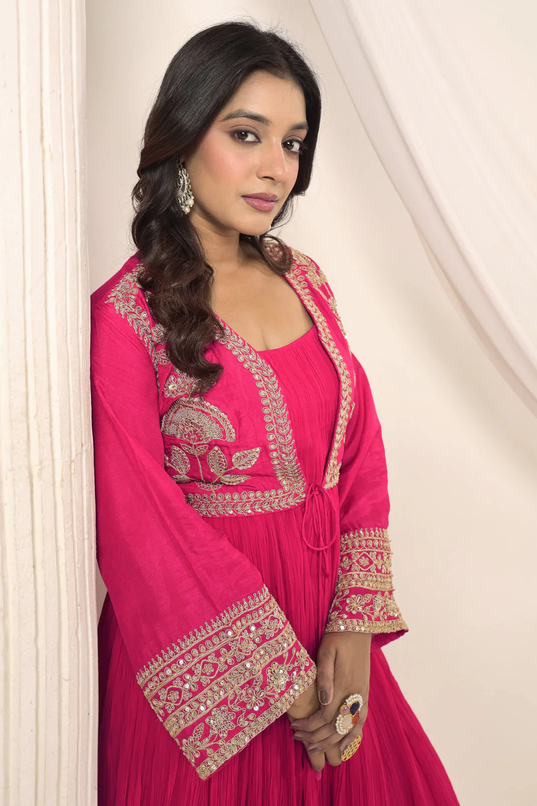 Hot Pink Crush Georgette Anarkali Top With Embroidery Jacket & Sharara Pant - Image 20