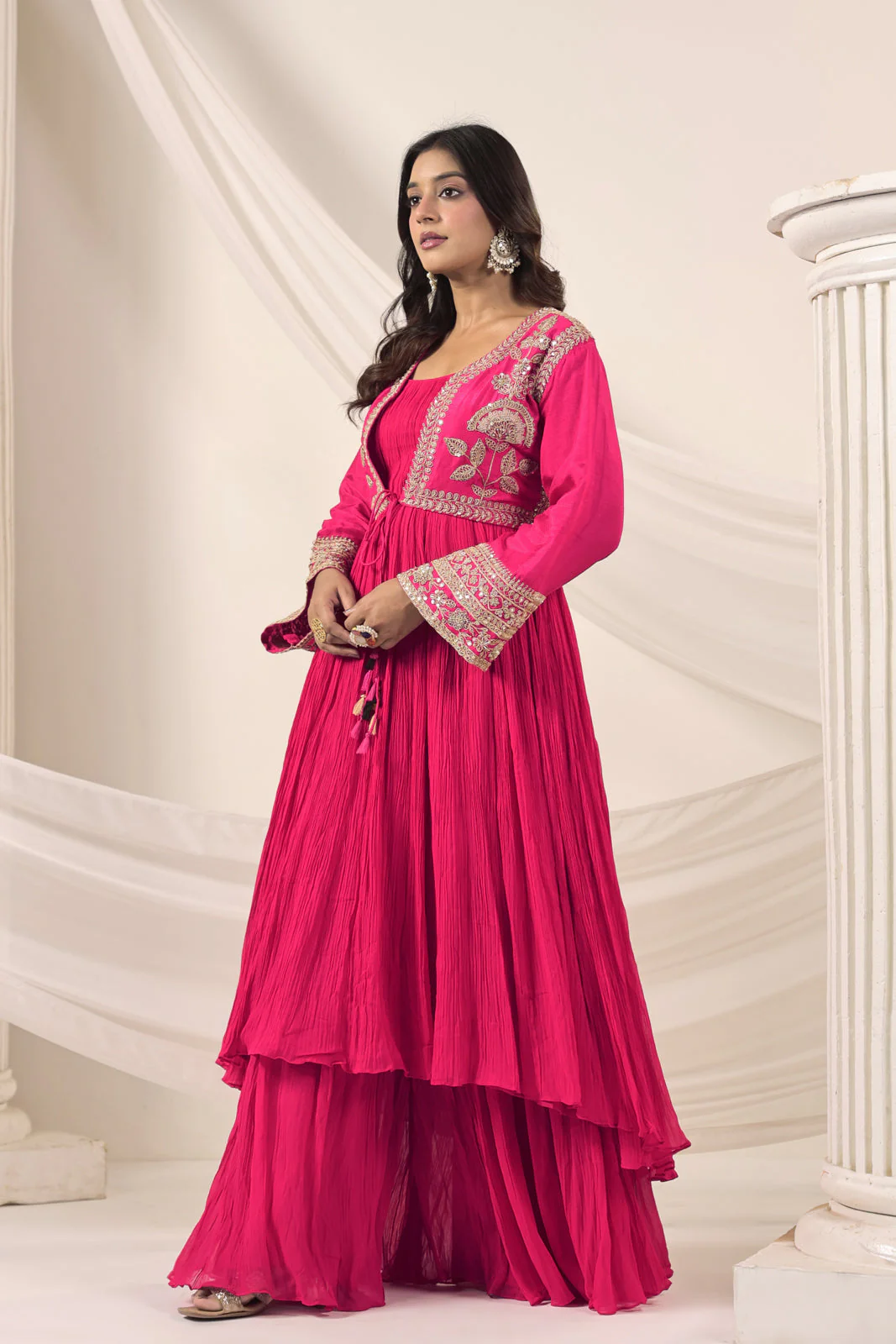 Hot Pink Crush Georgette Anarkali Top With Embroidery Jacket & Sharara Pant - Image 3