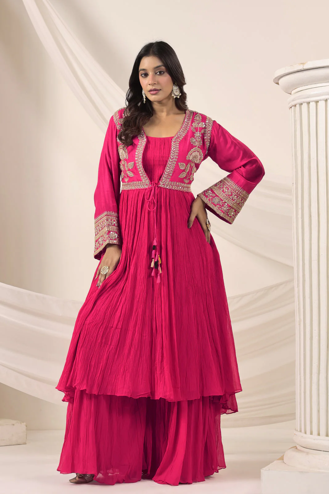 Hot Pink Crush Georgette Anarkali Top With Embroidery Jacket & Sharara Pant - Image 4