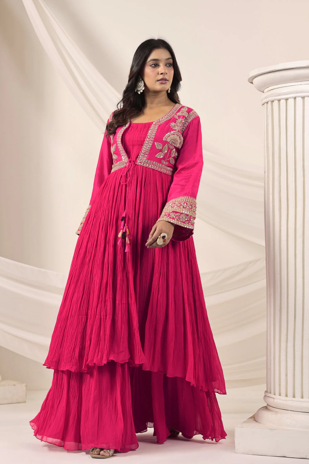 Hot Pink Crush Georgette Anarkali Top With Embroidery Jacket & Sharara Pant - Image 5