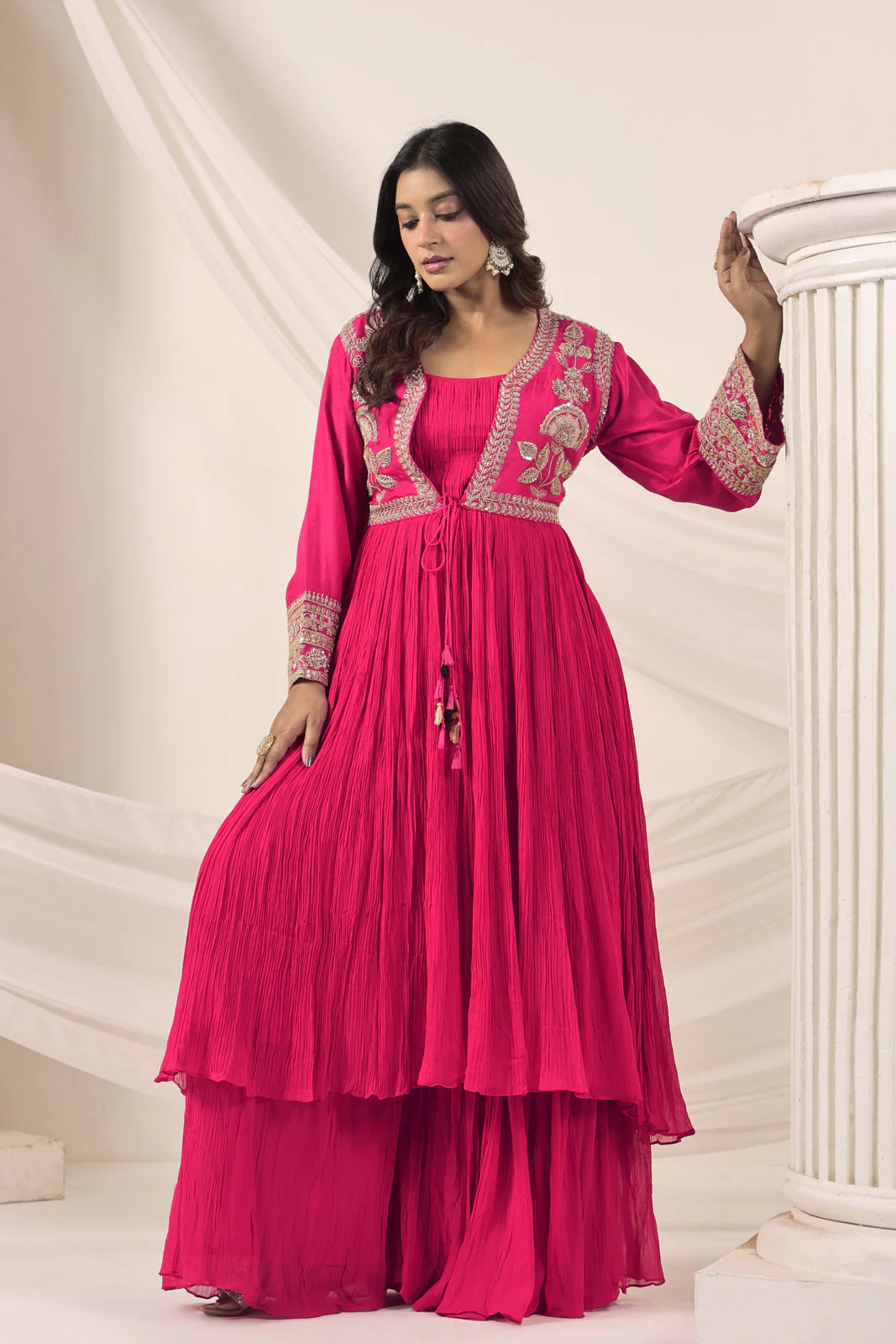 Hot Pink Crush Georgette Anarkali Top With Embroidery Jacket & Sharara Pant - Image 6