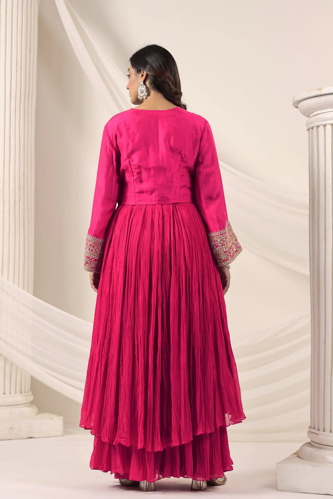 Hot Pink Crush Georgette Anarkali Top With Embroidery Jacket & Sharara Pant - Image 7