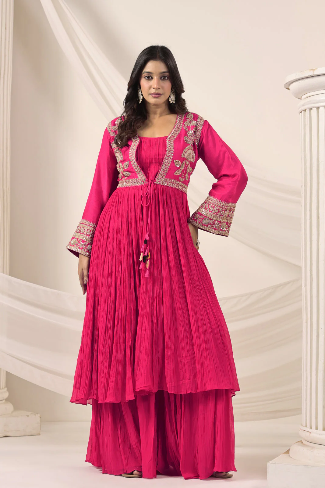 Hot Pink Crush Georgette Anarkali Top With Embroidery Jacket & Sharara Pant - Image 8