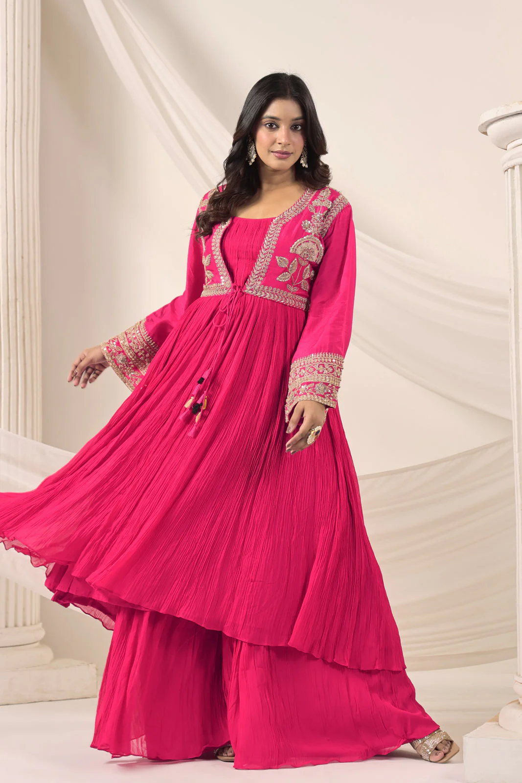 Hot Pink Crush Georgette Anarkali Top With Embroidery Jacket & Sharara Pant - Image 9