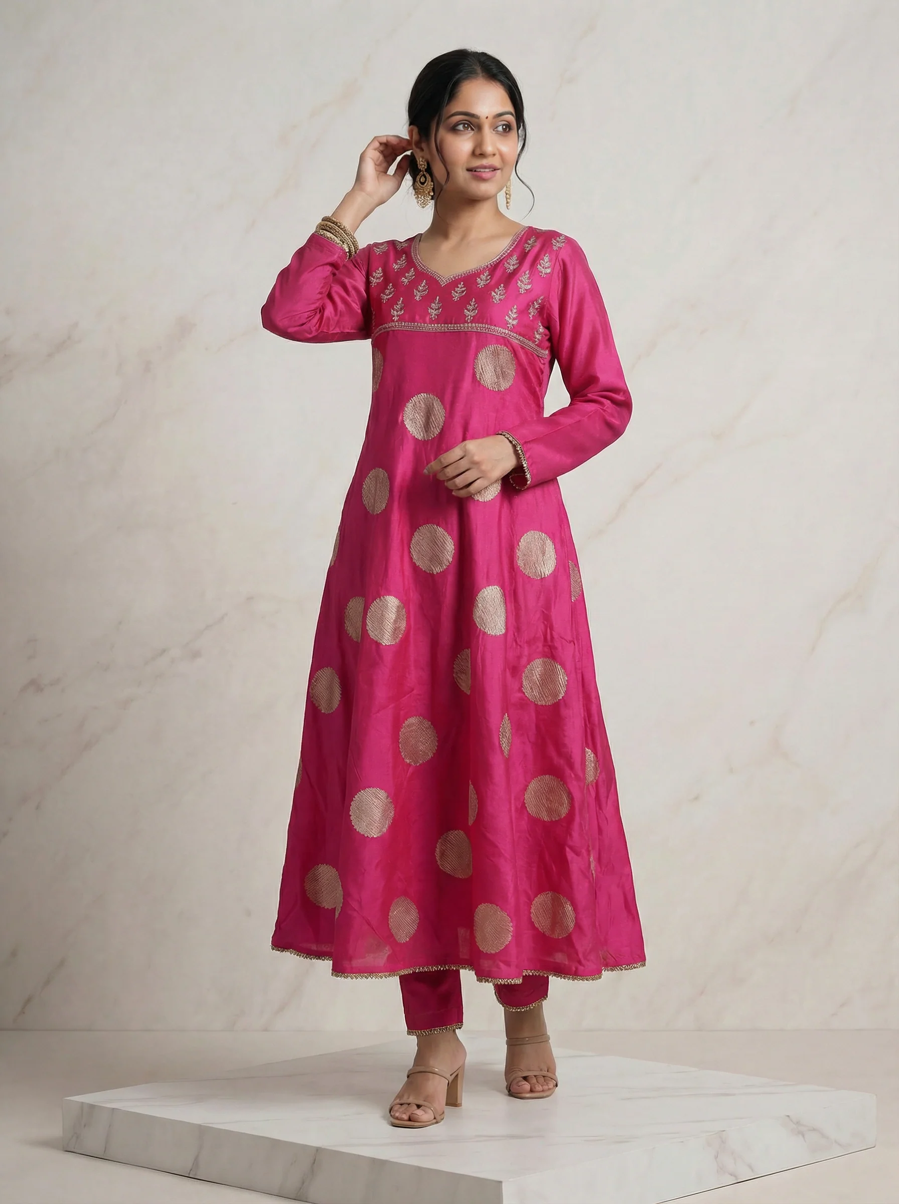 Hot Pink Raw Silk Embroidered Neck Line Anarkali Set With Pant And Dupatta - Image 2