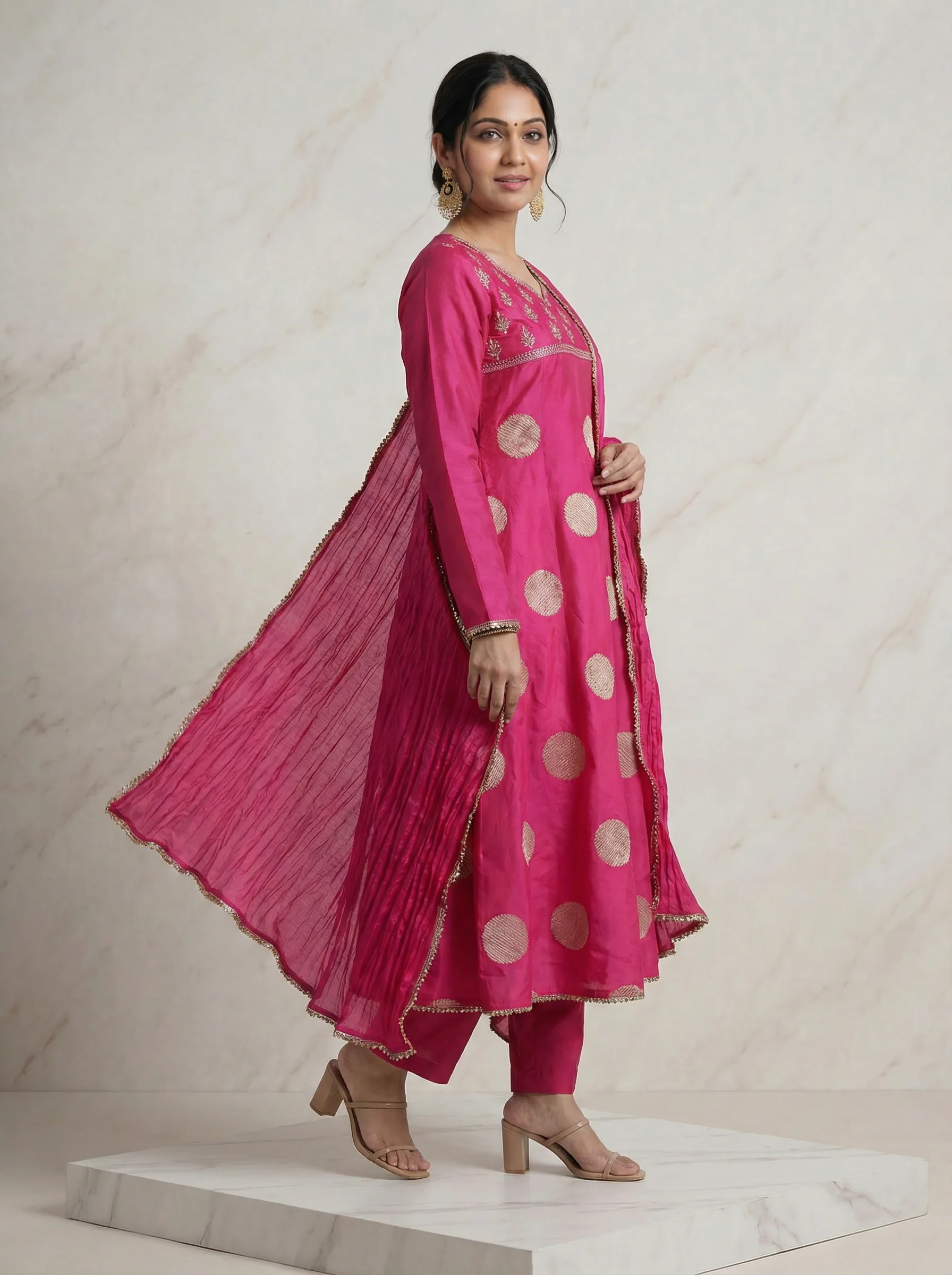 Hot Pink Raw Silk Embroidered Neck Line Anarkali Set With Pant And Dupatta - Image 3