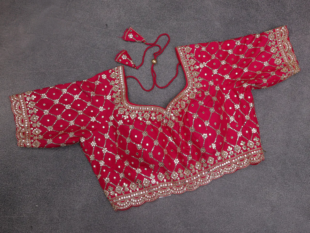 Hot Pink Tissue Silk Saree With Embroidery Readymade Blouse - Image 5