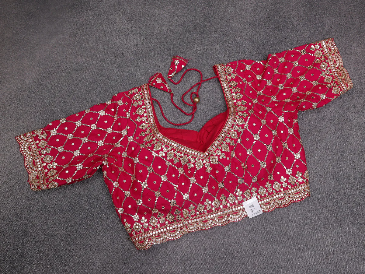 Hot Pink Tissue Silk Saree With Embroidery Readymade Blouse - Image 6