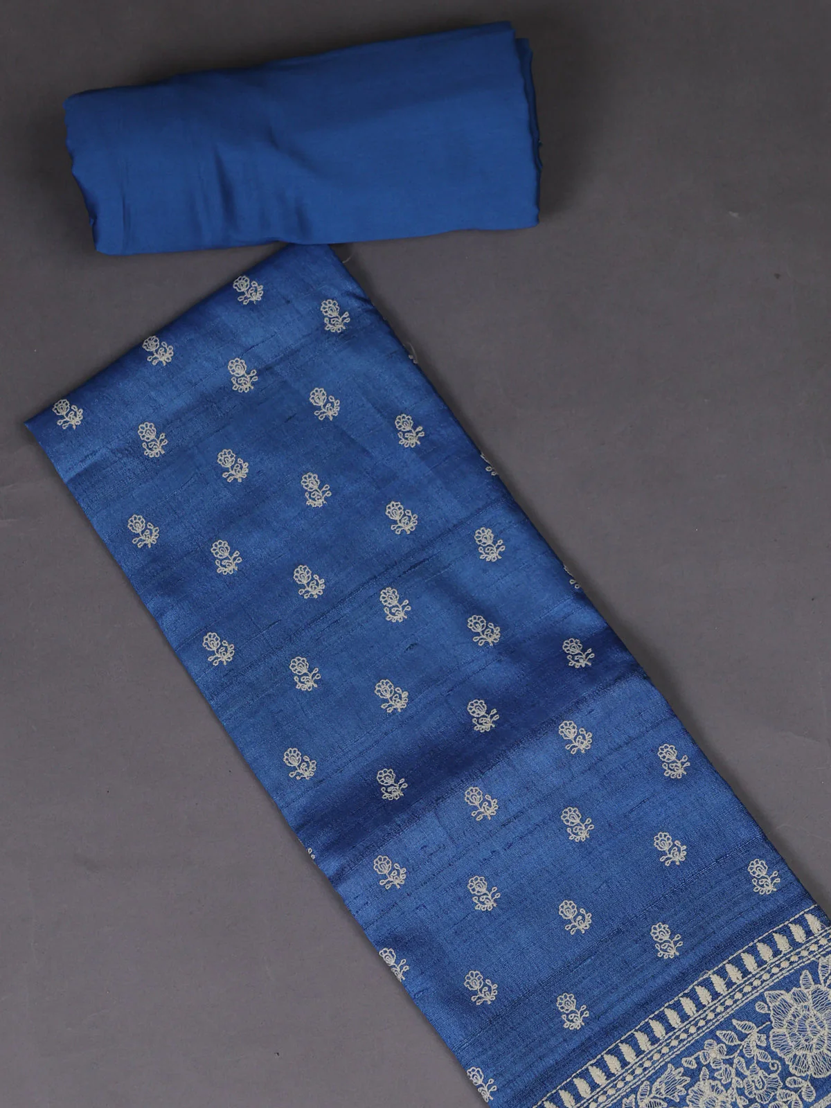 Indigo Blue Green Tussar Silk Unstitched Suit - Image 2