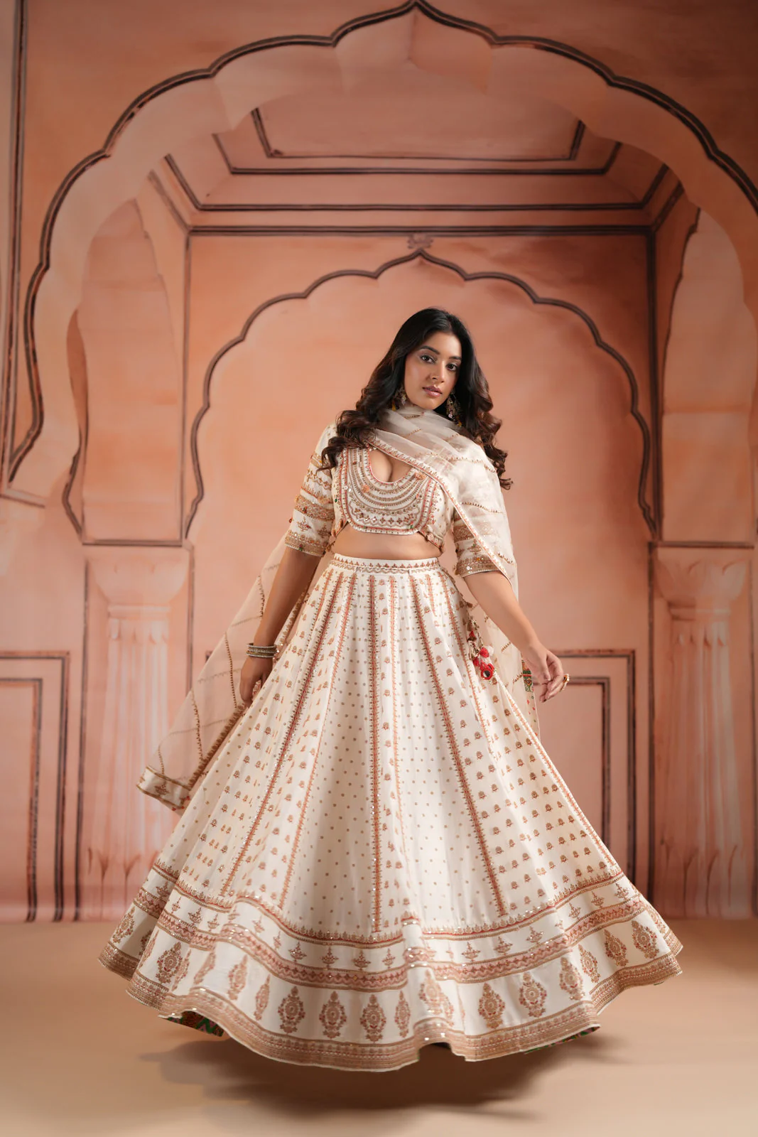Off White Raw Silk Crop Top Lehenga Set With Allover Sequin Work And Embroidery - Image 10
