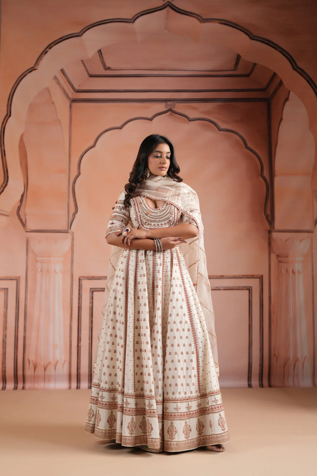 Off White Raw Silk Crop Top Lehenga Set With Allover Sequin Work And Embroidery - Image 11
