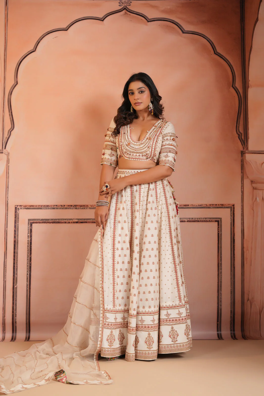 Off White Raw Silk Crop Top Lehenga Set With Allover Sequin Work And Embroidery - Image 12