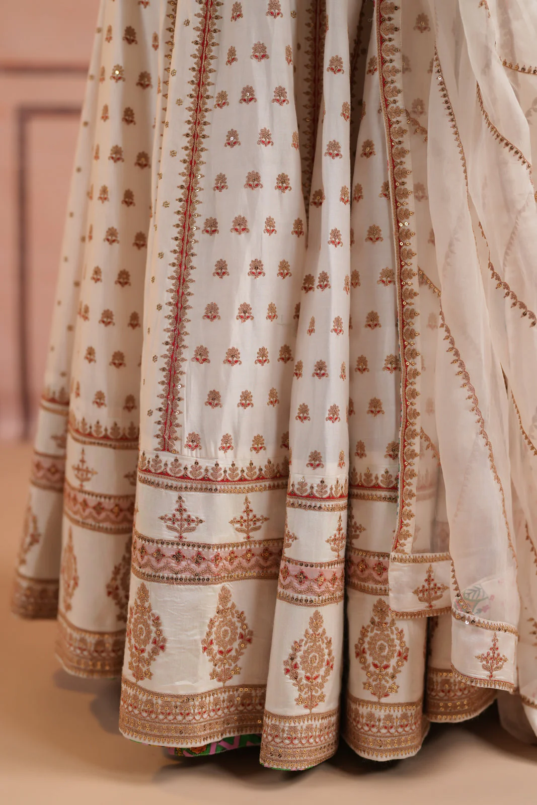 Off White Raw Silk Crop Top Lehenga Set With Allover Sequin Work And Embroidery - Image 16