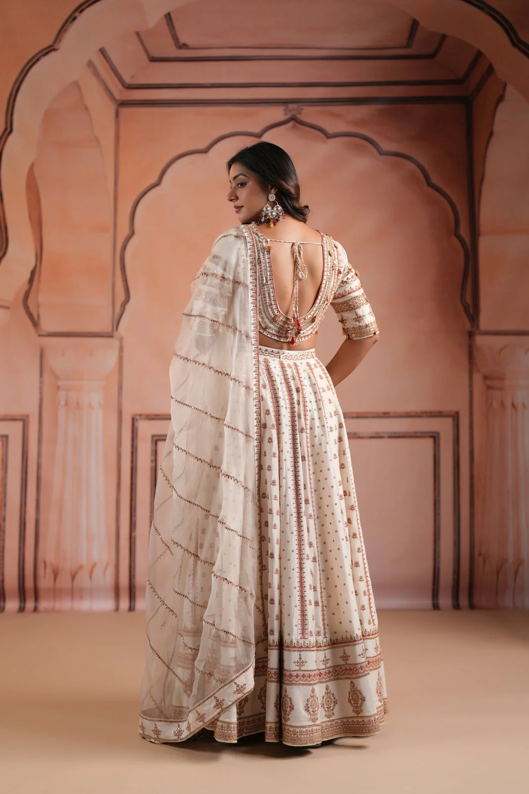 Off White Raw Silk Crop Top Lehenga Set With Allover Sequin Work And Embroidery - Image 17