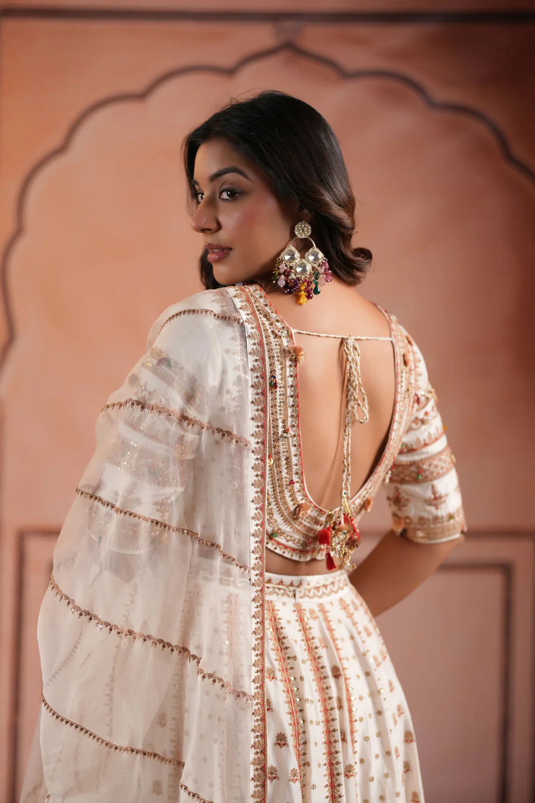 Off White Raw Silk Crop Top Lehenga Set With Allover Sequin Work And Embroidery - Image 18