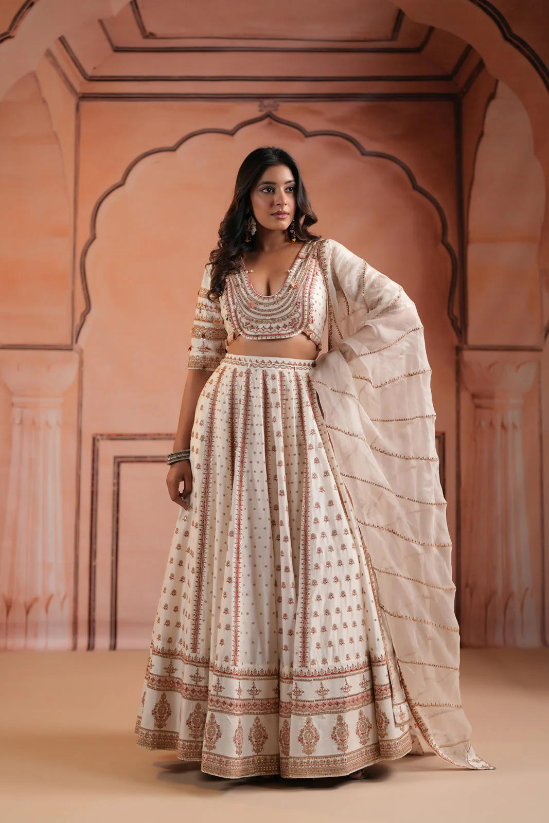 Off White Raw Silk Crop Top Lehenga Set With Allover Sequin Work And Embroidery - Image 3
