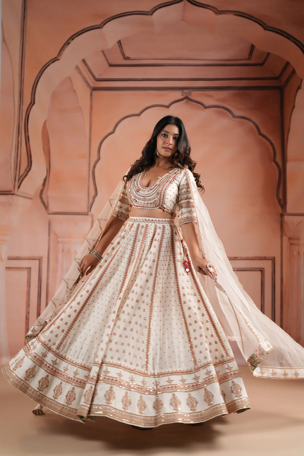 Off White Raw Silk Crop Top Lehenga Set With Allover Sequin Work And Embroidery - Image 4