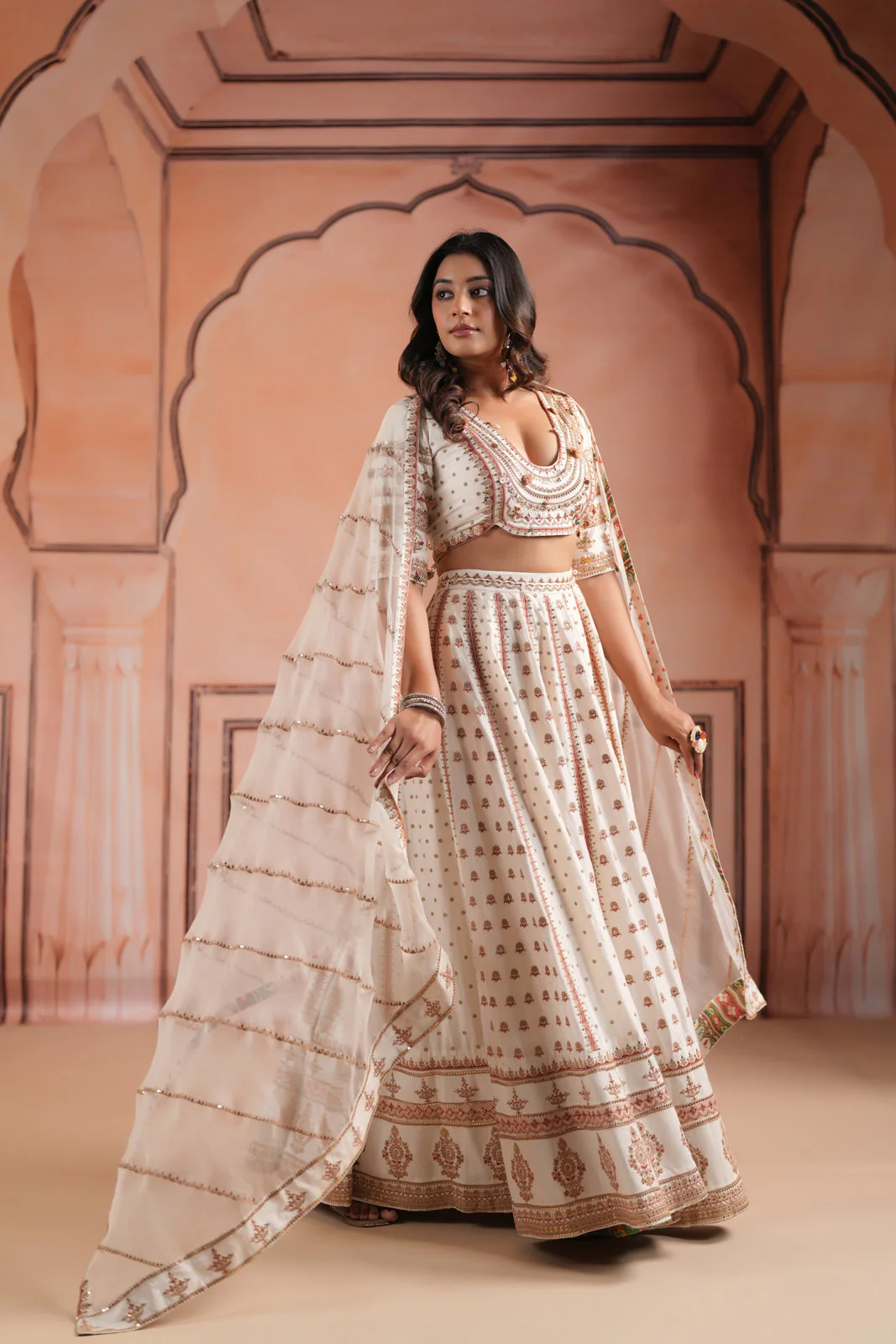 Off White Raw Silk Crop Top Lehenga Set With Allover Sequin Work And Embroidery - Image 5