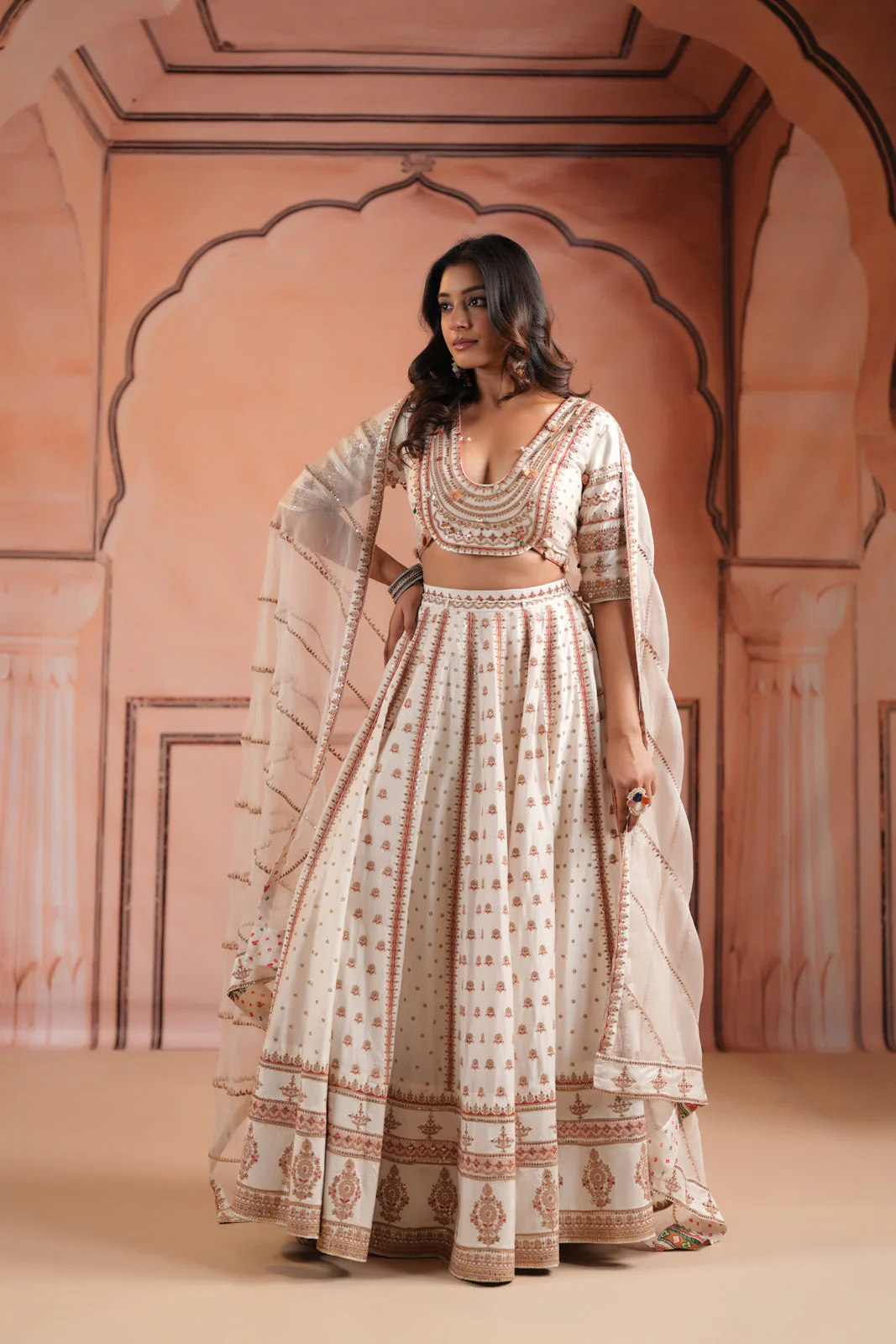 Off White Raw Silk Crop Top Lehenga Set With Allover Sequin Work And Embroidery - Image 6